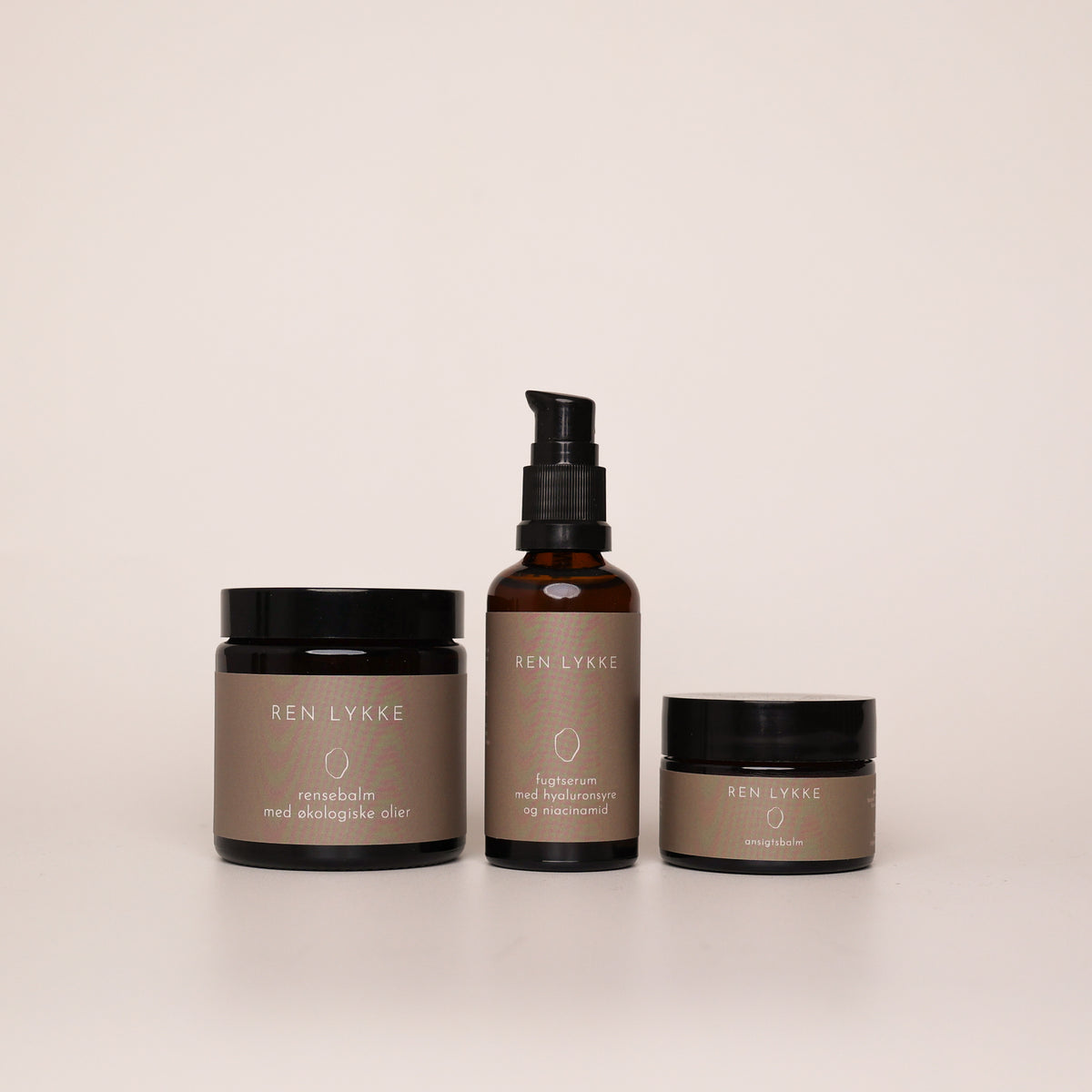 Pakke ansigtsplejerutine med rensebalm, fugtserum og ansigtsbalm fra Ren Lykke