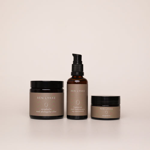 Pakke ansigtsplejerutine med rensebalm, fugtserum og ansigtsbalm fra Ren Lykke