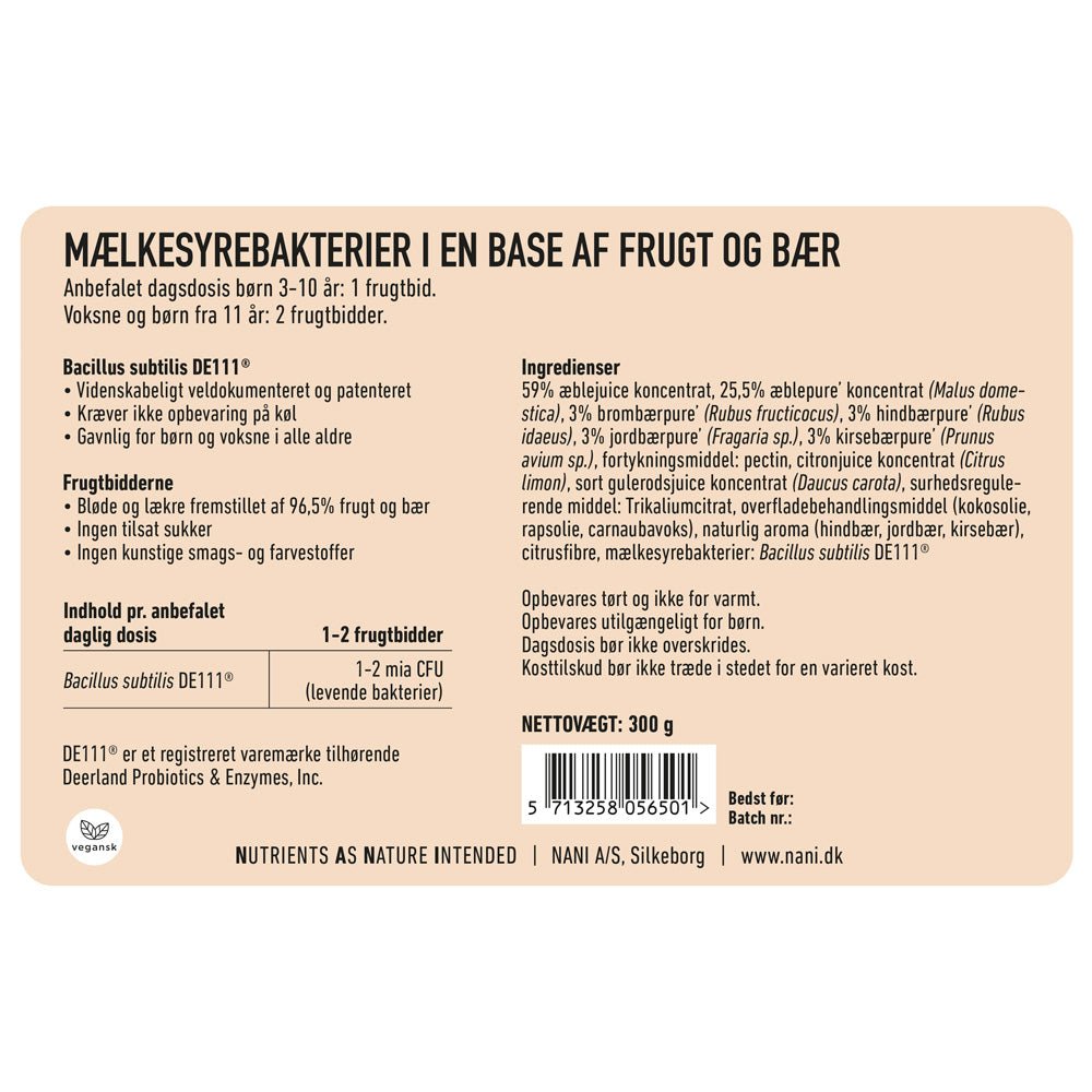 Nani mælkesyrebakterier i en base af frugt og bær - etiket