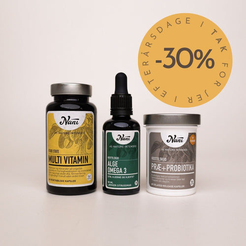 Pakke med Nani algeolie, præ & pro og multivitamin