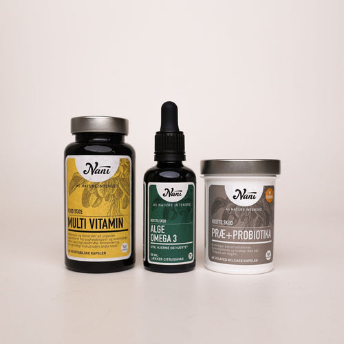 Pakke med Nani algeolie, præ & pro og multivitamin